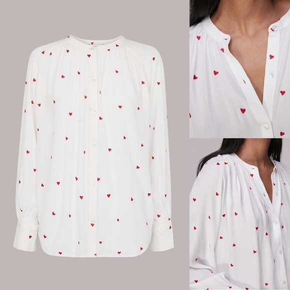 WHISTLES Designer Heart Embroidered Button Blouse Long Sleeve US 4 $239 Sold Out - Picture 1 of 14